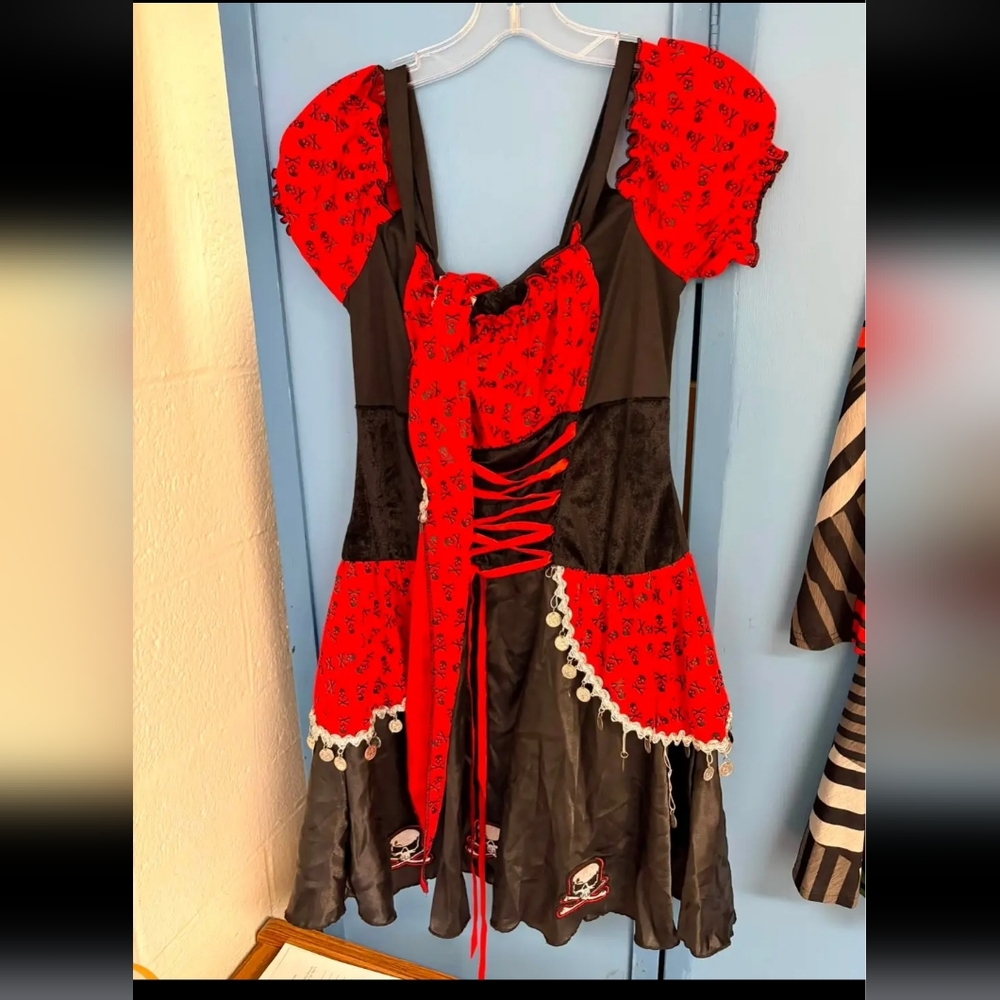 Women's Size Medium Red and Black Pirate- Dress with Lace-Up Bodice